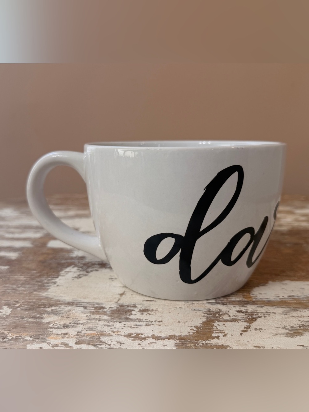 Kirklands White Ceramic Mug with Black Script